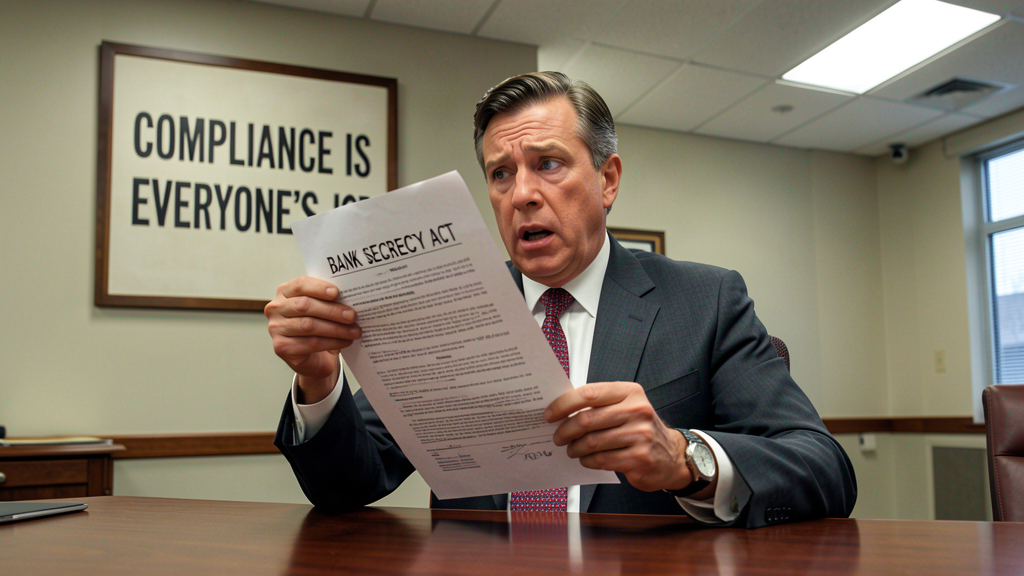 Bank executive discovering a copy of the Bank Secrecy Act, a moment of corporate enlightenment