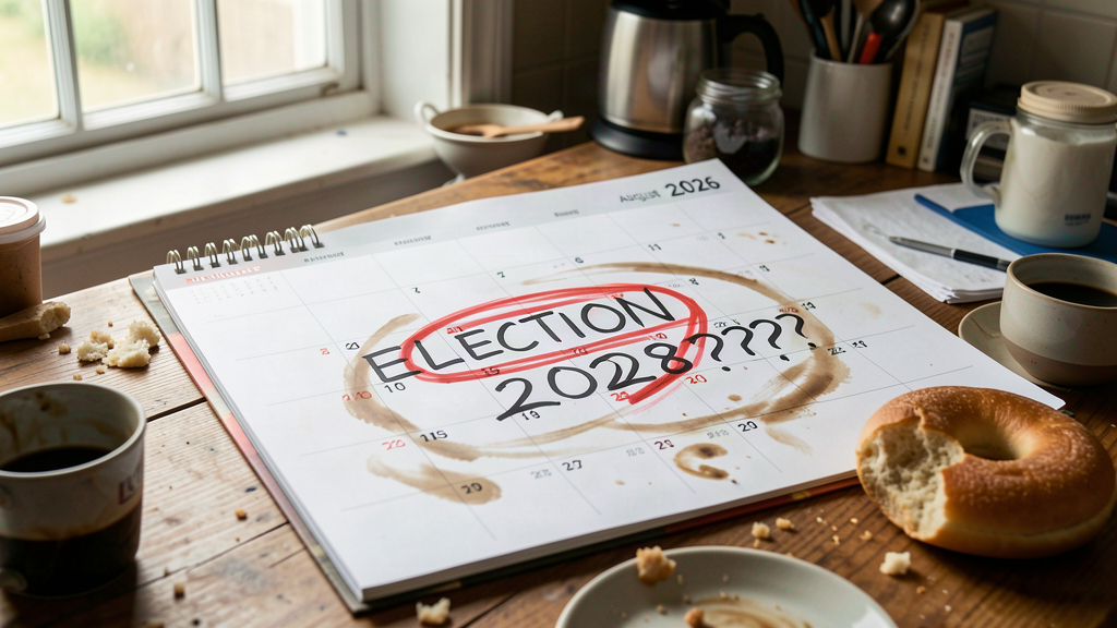 Calendar showing August 2026 with 'ELECTION 2028???' circled in red with 50 exclamation points
