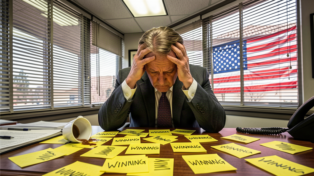 Exhausted man in suit holding head in hands at desk covered in 'WINNING' sticky notes