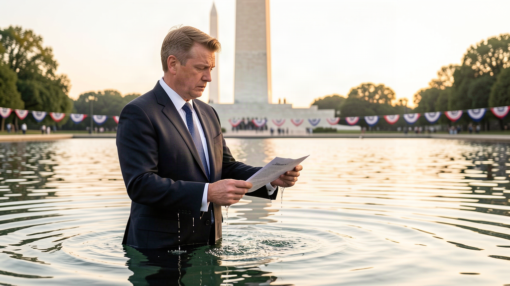 Federal prosecutor stands in the Reflecting Pool holding a subpoena, a picture of bureaucratic dedication