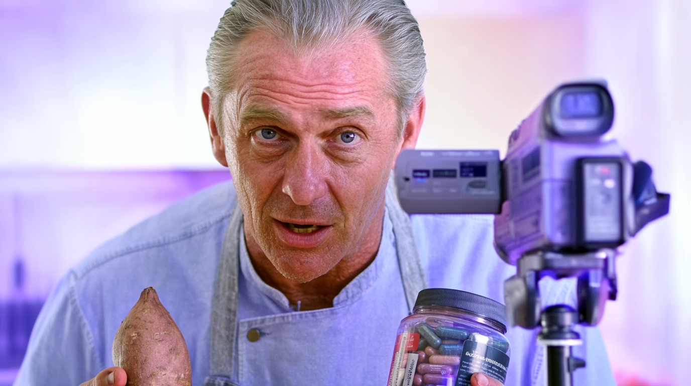 RFK Jr. in a chef's apron holding a raw potato and a bottle of vitamins, speaking passionately to camera