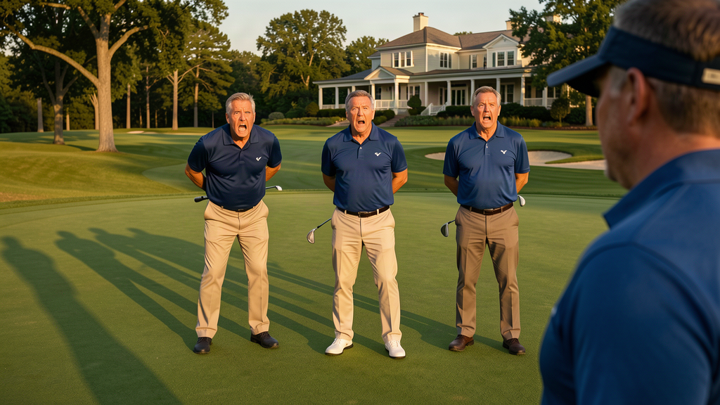 College football assistants in polos hiding golf clubs behind their backs as Nick Saban approaches