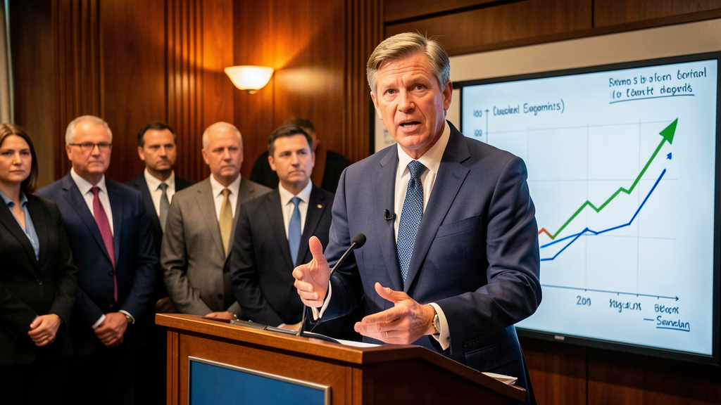 A man in a suit standing at a podium with a chart showing a line going up, gesturing passionately