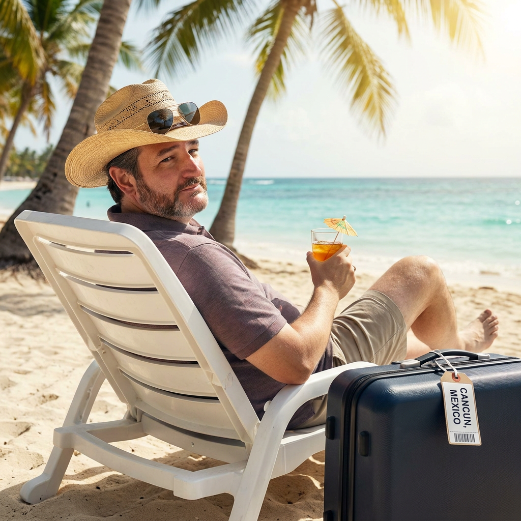 Ted Cruz relaxing on a beach in a cowboy hat with a suitcase nearby