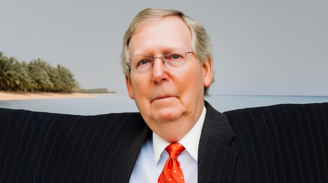 Mitch McConnell on a surfboard holding a copy of today's Wall Street Journal looking inspired
