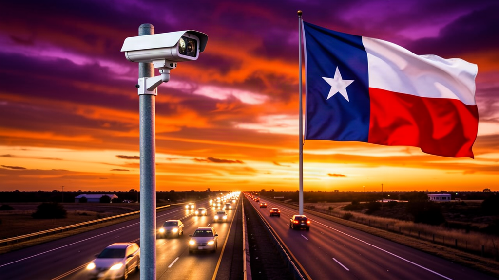 A license plate reading camera on a pole overlooking a Texas highway with a lone star flag visible