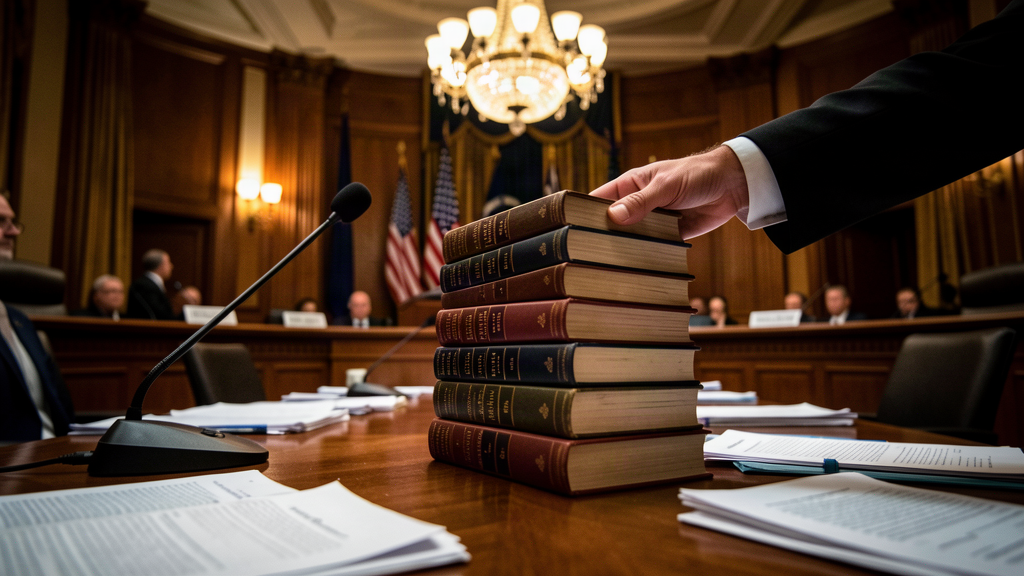 A stack of books on a hearing room table with a hand reaching to pick one up while a microphone and Senate documents sit nearby