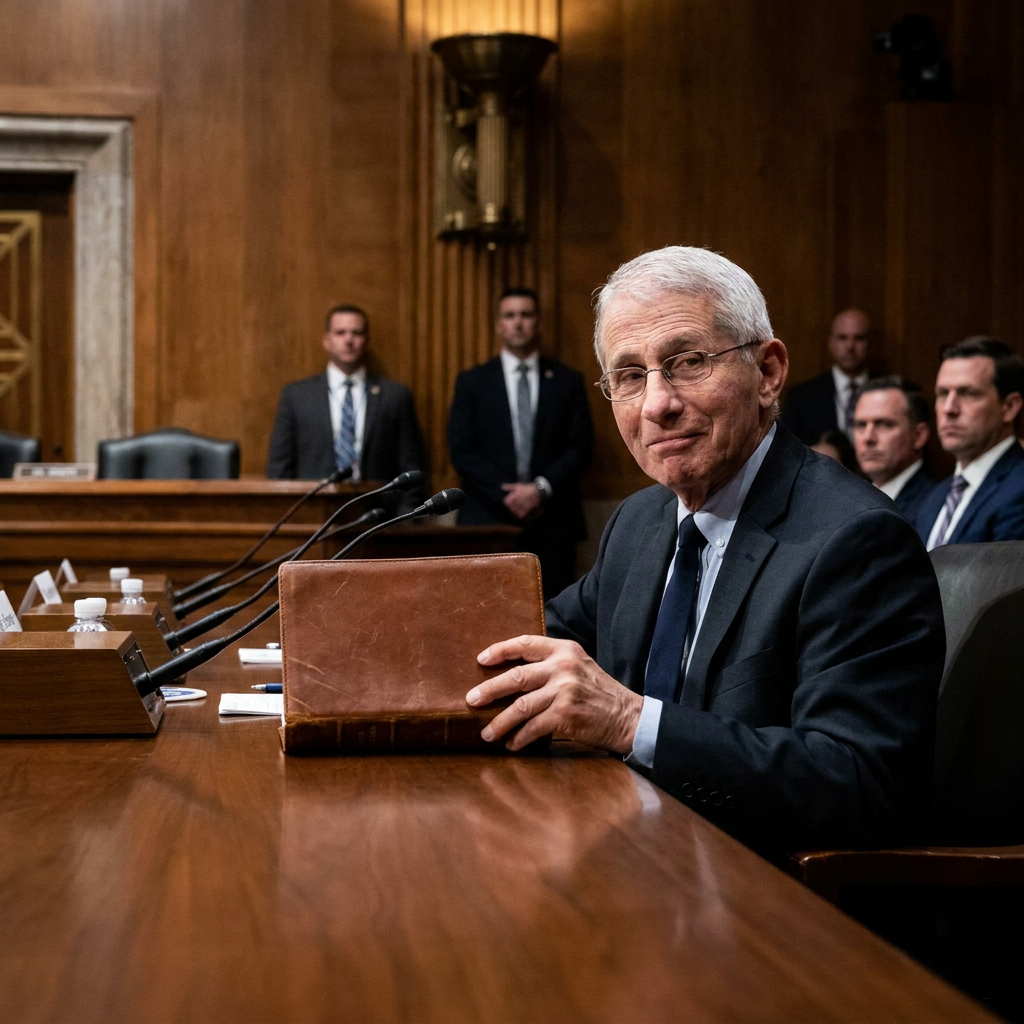 Dr. Anthony Fauci at a Senate hearing table holding a diary while senators look on