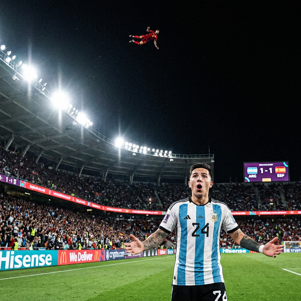 Enzo Fernández in an Argentina jersey standing in disbelief with arms spread while a Spanish player flies through the air behind him