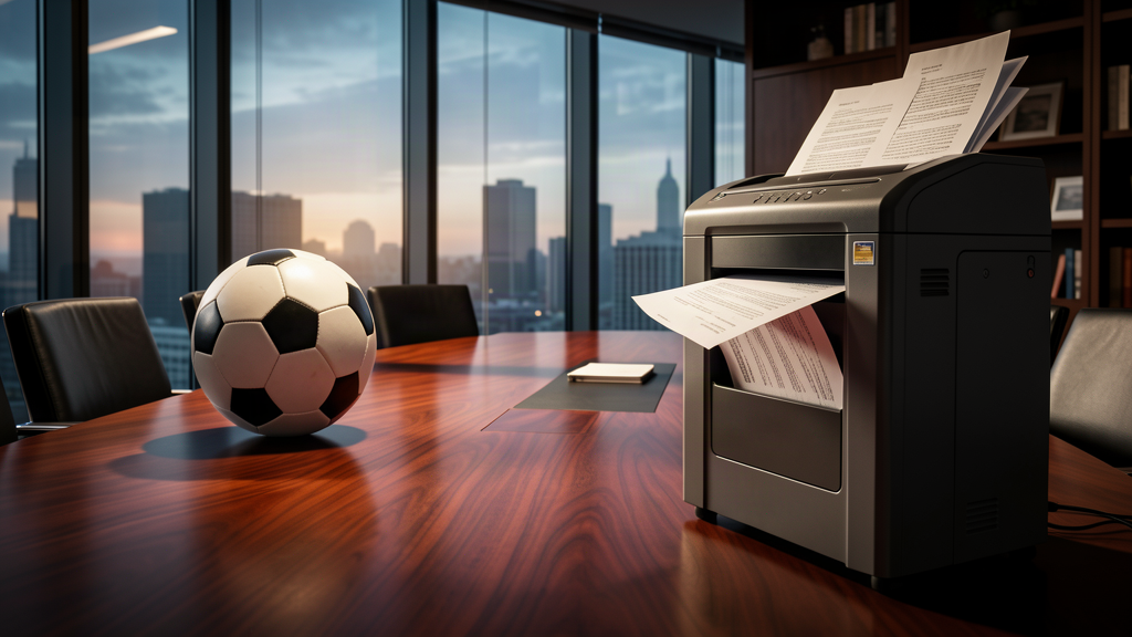 A soccer ball sitting on a conference table next to a large document shredder with papers halfway in