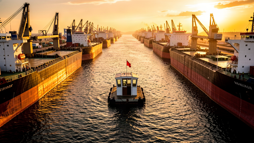 Aerial view of tanker ships queued in a narrow strait with a small booth-like structure floating near the channel