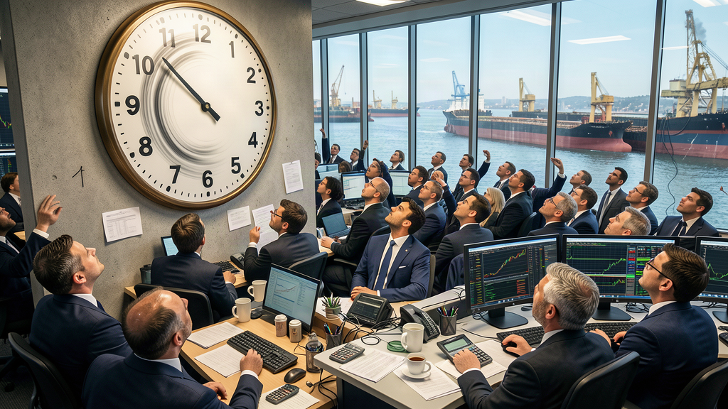 Trading floor with traders staring at a countdown clock that never reaches zero