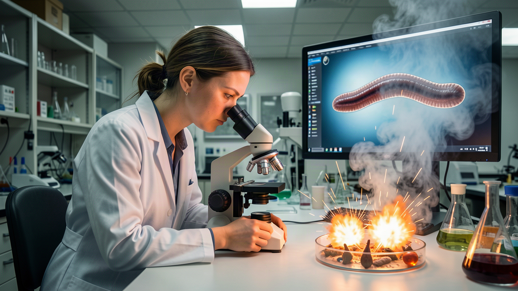 Scientist peering into a microscope while small explosions go off inside a petri dish