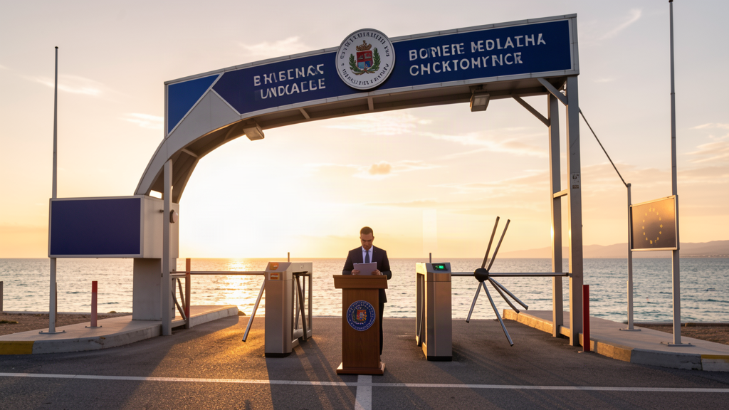 Empty Mediterranean border checkpoint at sunrise with an EU official checking a clipboard
