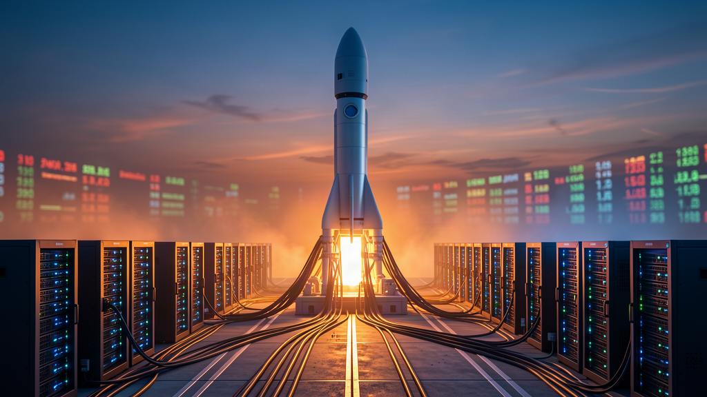A rocket on a launch pad surrounded by glowing server racks and data center equipment