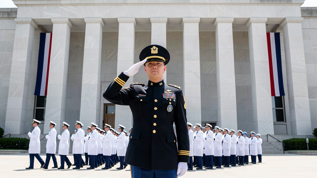 A Coast Guard officer standing at attention in front of the CDC headquarters as scientists walk in line behind