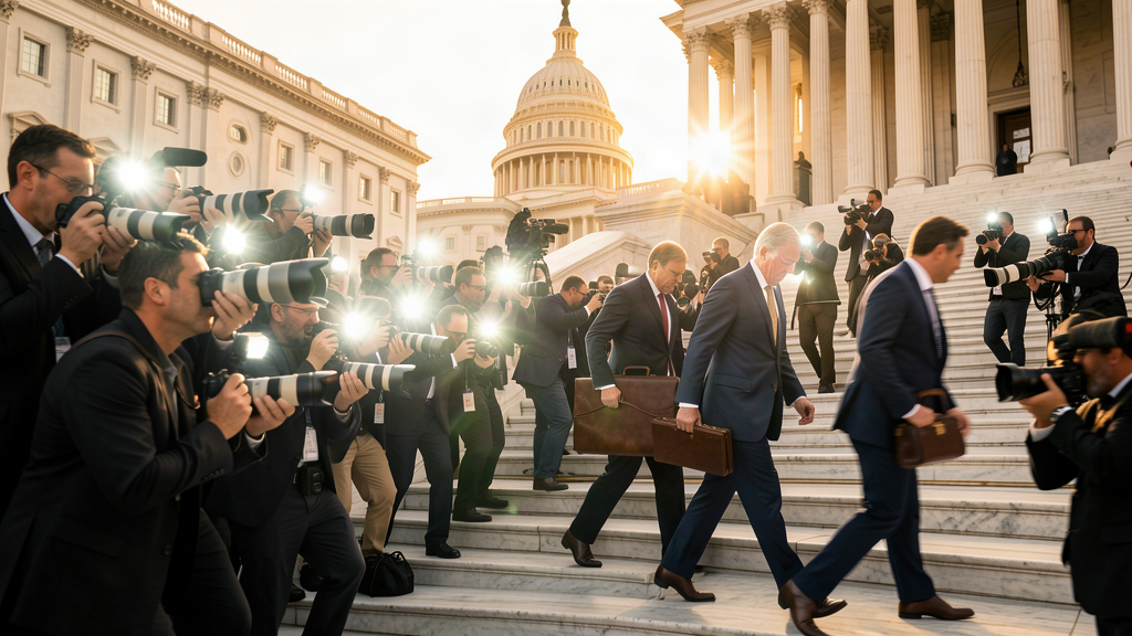 Paparazzi with long-lens cameras crowding the Capitol steps as lawmakers hurry past shielding their faces