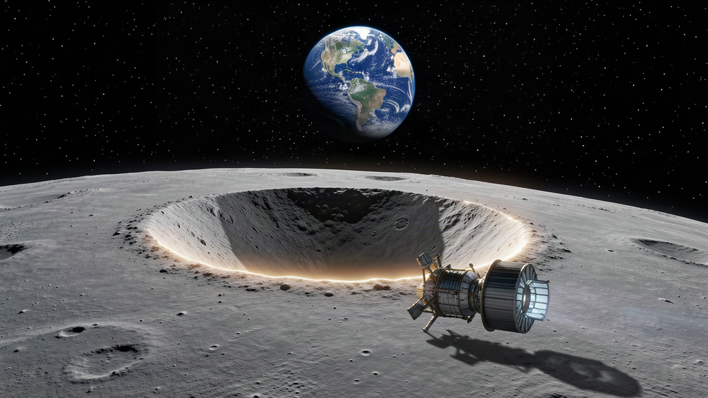 The Moon's surface with a fresh impact crater as a rocket stage tumbles toward it, Earth rising in the distance
