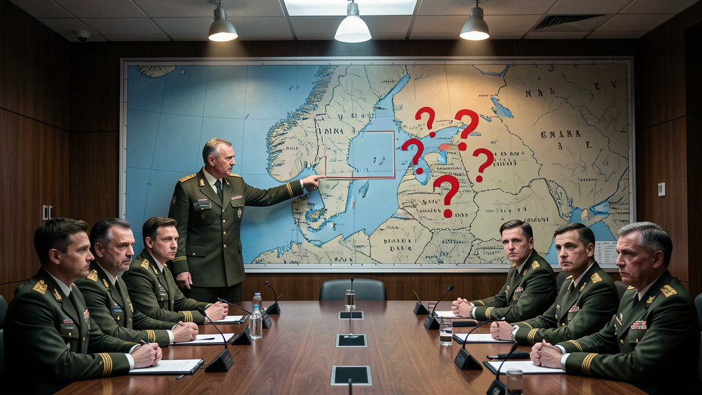NATO officers in a briefing room pointing at a map of the Baltic region with question marks