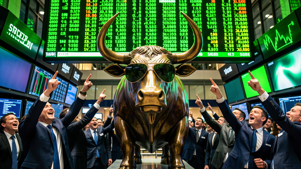 A bronze charging bull statue wearing aviator sunglasses in a stock exchange, surrounded by cheering traders pointing upward at glowing green screens