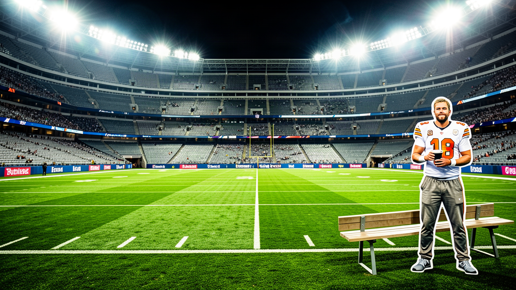 An empty NFL stadium at night under floodlights with a cardboard cutout of a quarterback in street clothes on the sideline