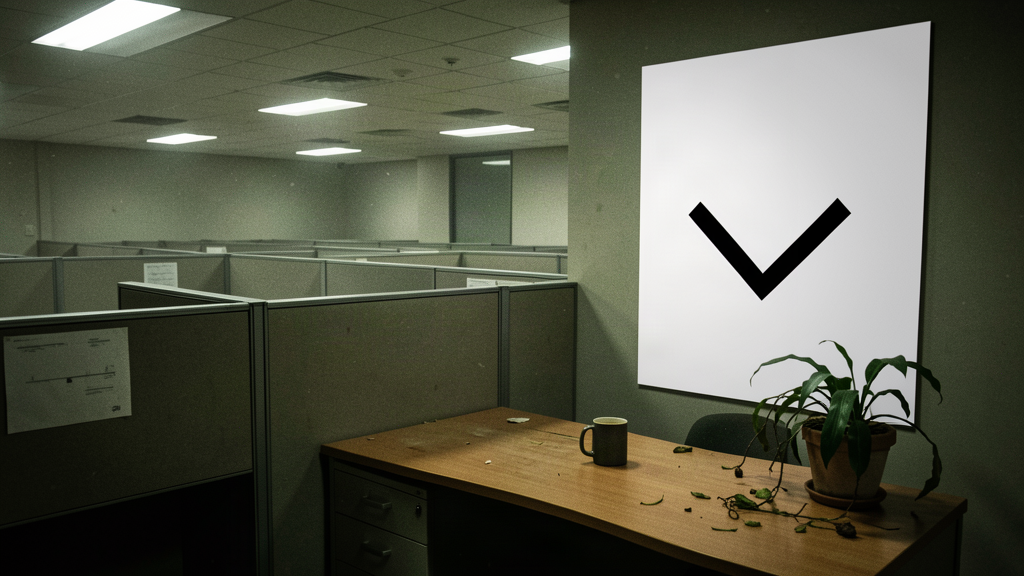 An empty government office with rows of vacant cubicles and one abandoned desk with a coffee mug