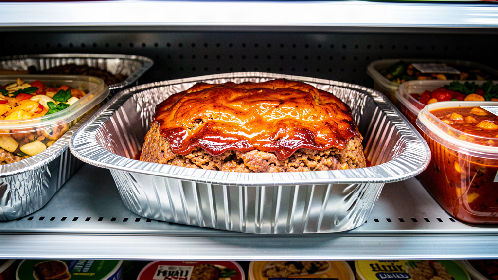 A heat-and-eat deli meatloaf in an aluminum baking pan on a supermarket shelf with a shiny metallic glint