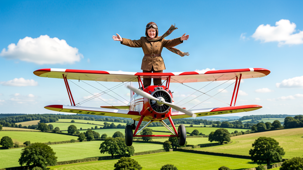 A small vintage biplane flying over green countryside with a tiny elderly woman standing on the top wing
