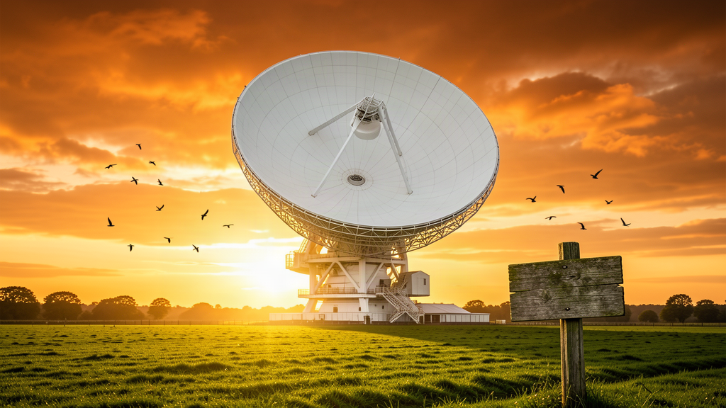 A giant white radio telescope dish in a green English field at sunset with a small sign on a post