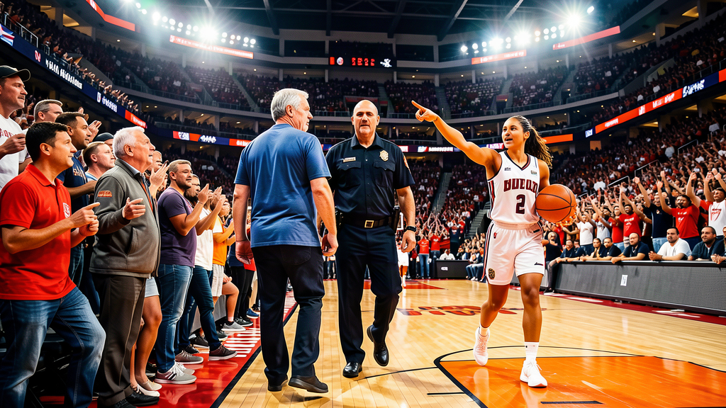 Two middle-aged men being walked up an arena aisle by a security guard while a basketball player on the court points at them