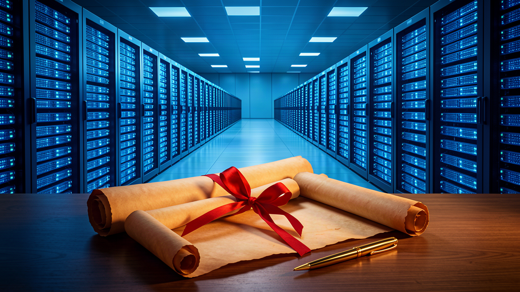 Rows of glowing server racks in a data center with a large rolled-up scroll document in the foreground