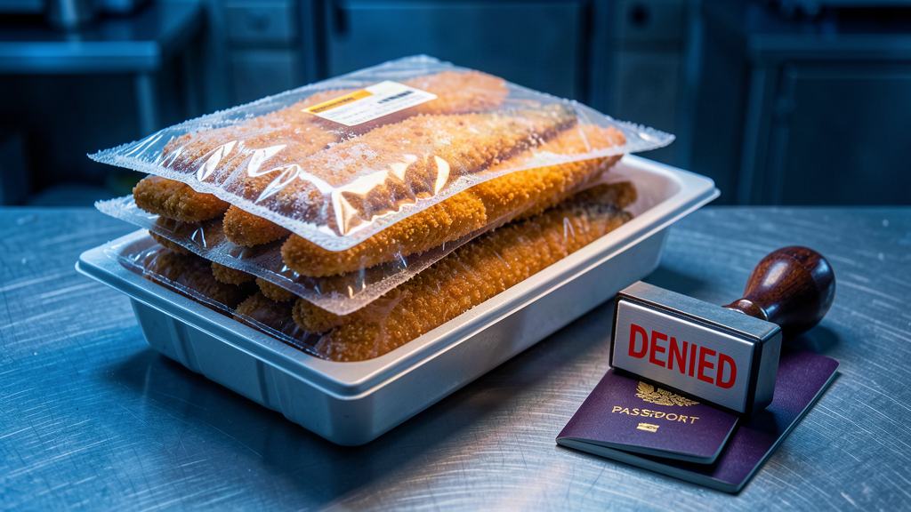 Frozen breaded fish sticks on a freezer tray with a passport and customs stamp beside them