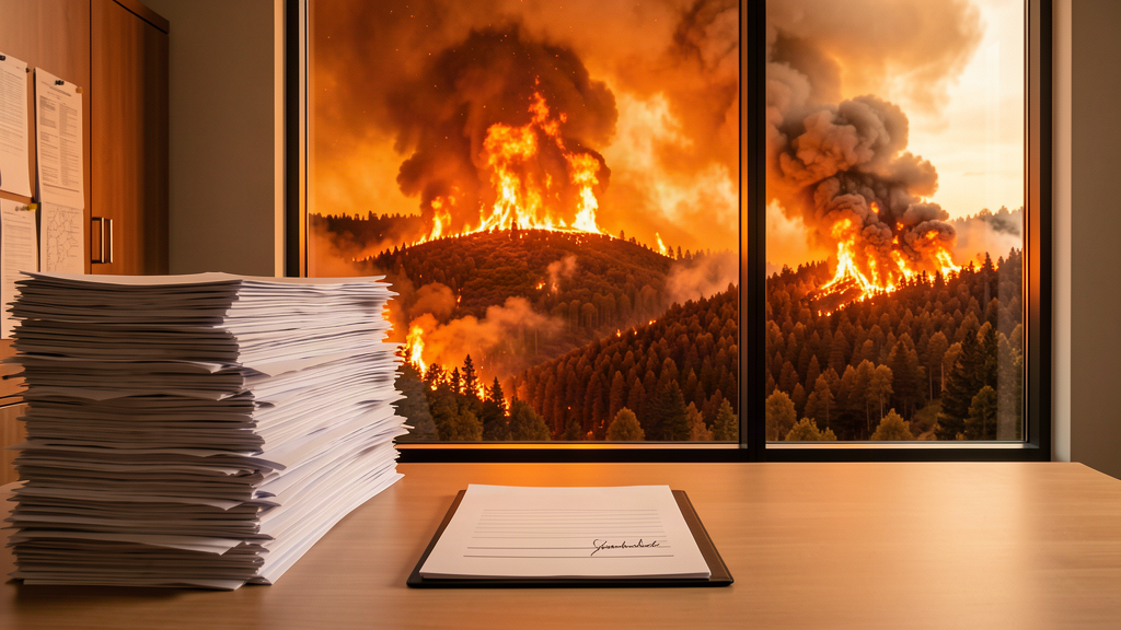 A stack of government paperwork on a desk in the foreground with a raging forest fire visible through a window behind
