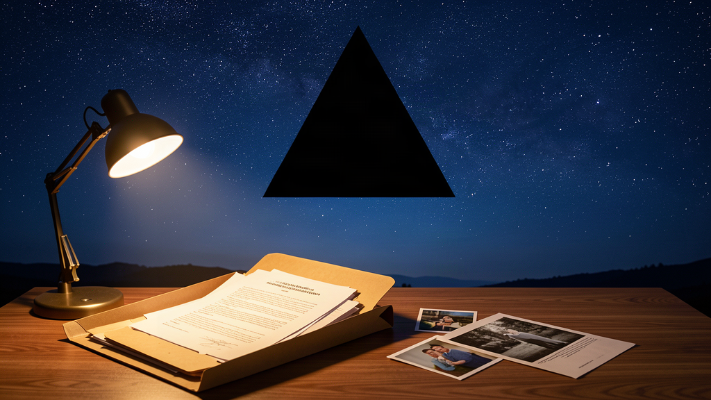 A huge dark triangle silhouette in a night sky above a folder of government documents on a desk