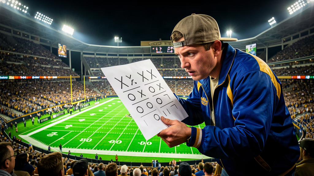 A fan in the stands holding a laminated play sheet while a football field glows under stadium lights