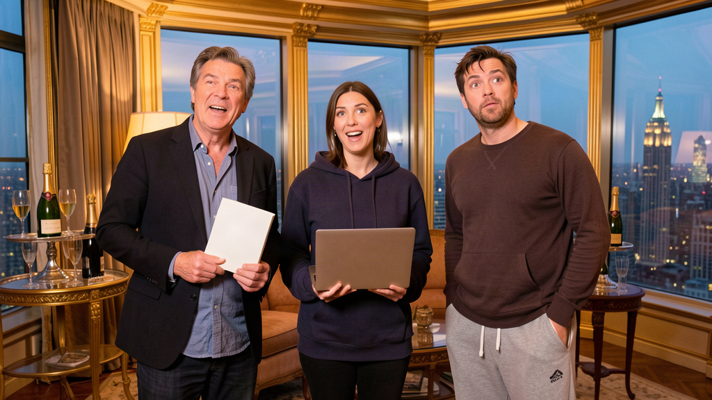 A group of casually dressed people in a glittering penthouse, one holding a poetry book, another a laptop, surrounded by champagne towers