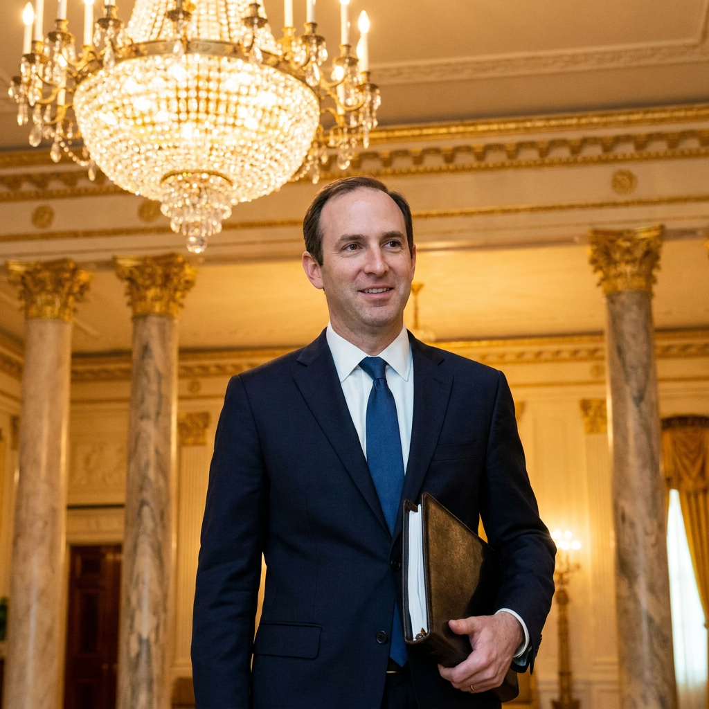 A man in a dark suit standing in a grand marble ballroom beneath a crystal chandelier, holding a legal binder