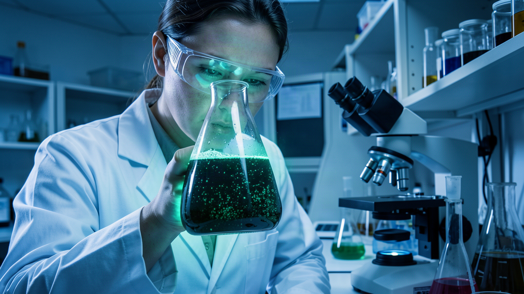 A scientist peering into a glowing vial of dark mine water teeming with microbes