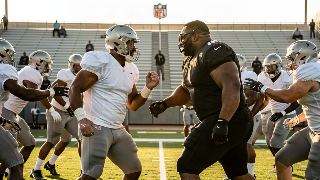 Two NFL players in practice jerseys being separated by teammates on a training field