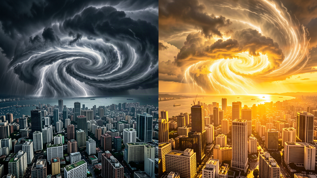 A satellite-style view of a massive swirling typhoon over a coastline, rain over one city and blazing sun over another