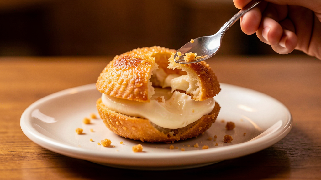 A golden fried dessert slider with a caramelized sugar crust being cracked with a small spoon