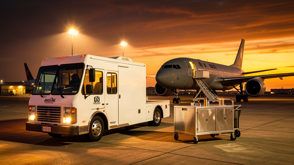 A white airport catering cart being wheeled across a tarmac toward a military jet at dusk