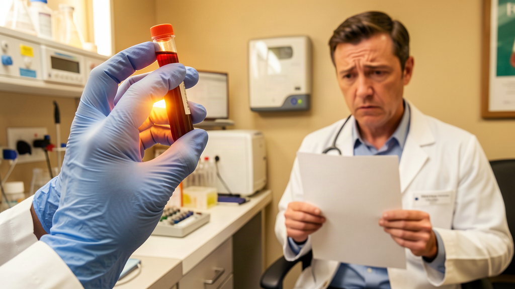 A gloved hand holding a blood vial in a laboratory while a man in a waiting room clutches a blank lab report