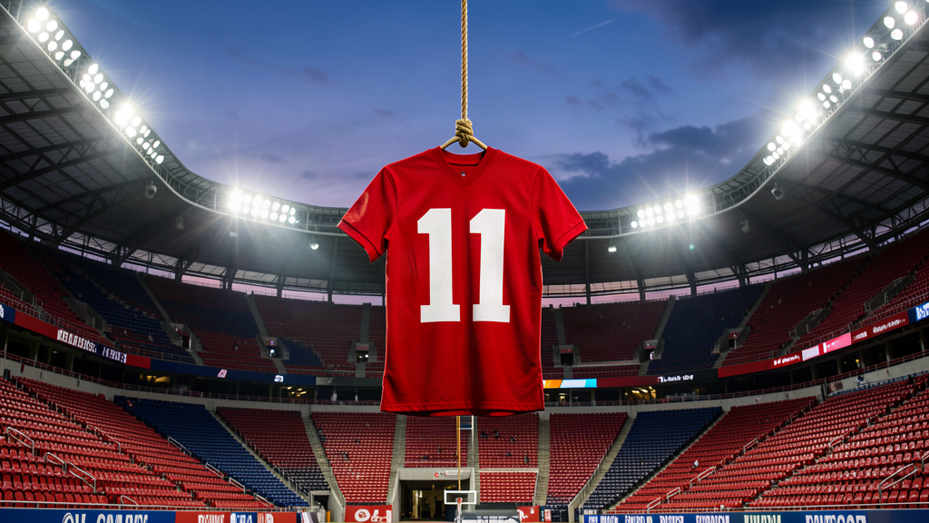 A stadium at dusk with a jersey bearing the number 11 being hoisted toward the rafters
