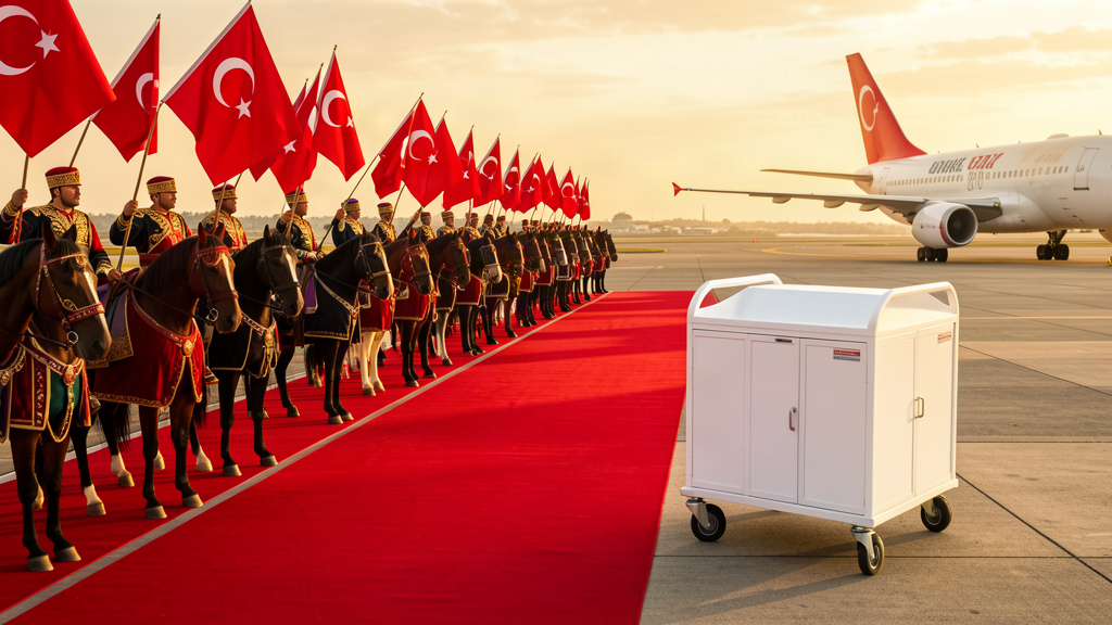 A red carpet lined with horsemen in traditional dress while a plain catering cart is wheeled away in the opposite direction