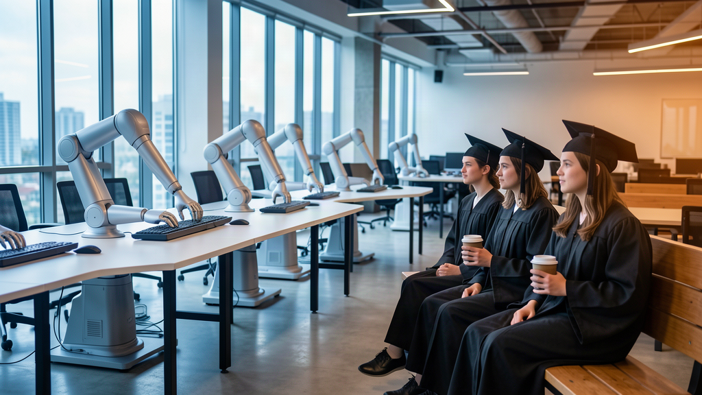 A modern office where robot arms type at keyboards while young graduates sit on a bench nearby