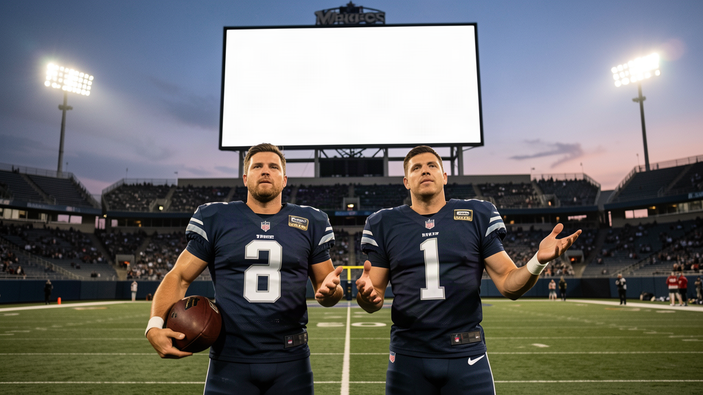 Two NFL quarterbacks standing side by side on a practice field at dusk under stadium lights, one holding a football, the other shrugging