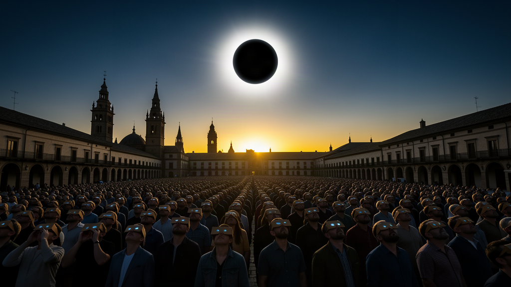 A vast Spanish plaza at midday plunged into twilight as crowds in eclipse glasses look up at a black sun with a radiant corona