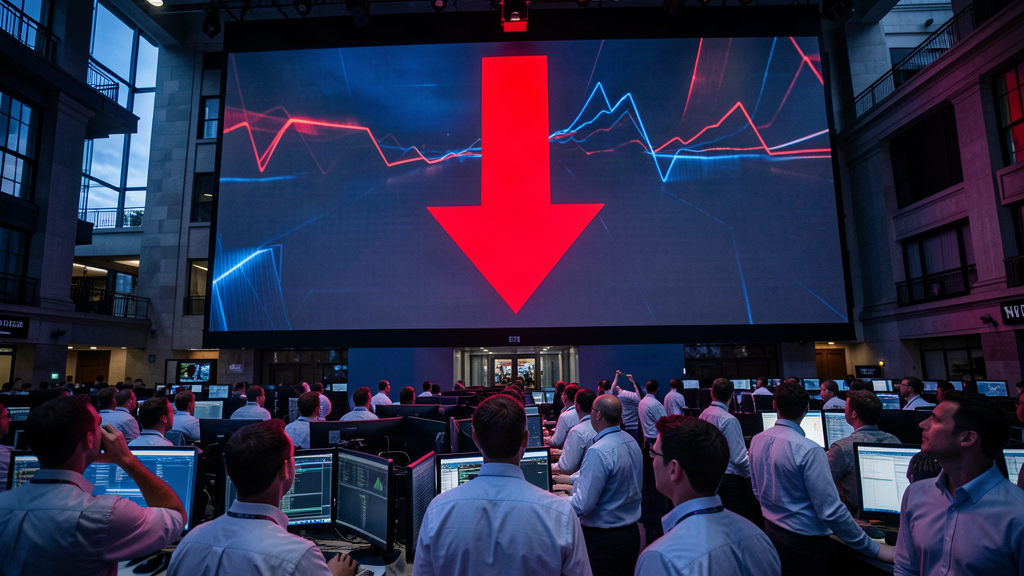 Traders staring at a massive wall screen with a large red downward arrow