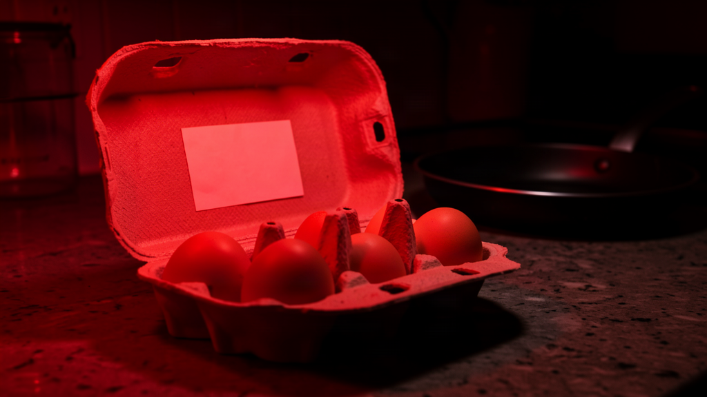 An open egg carton under an ominous red warning light on a kitchen counter
